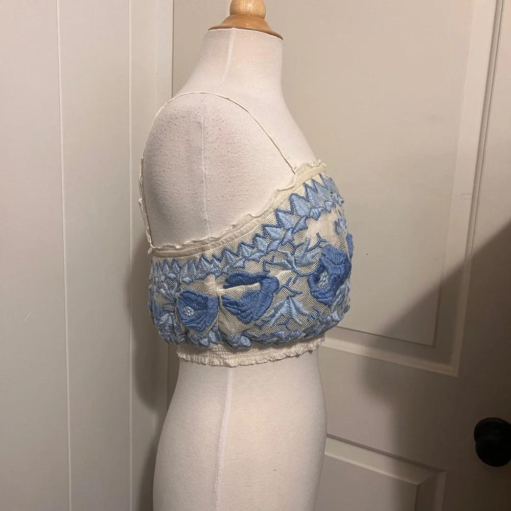 Free People Rosebud Embroidered Tank Top Blue White Coquette Fairy Festival Boho